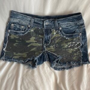 Miss Me Blue and Green Jean Shorts with Camouflage Pattern